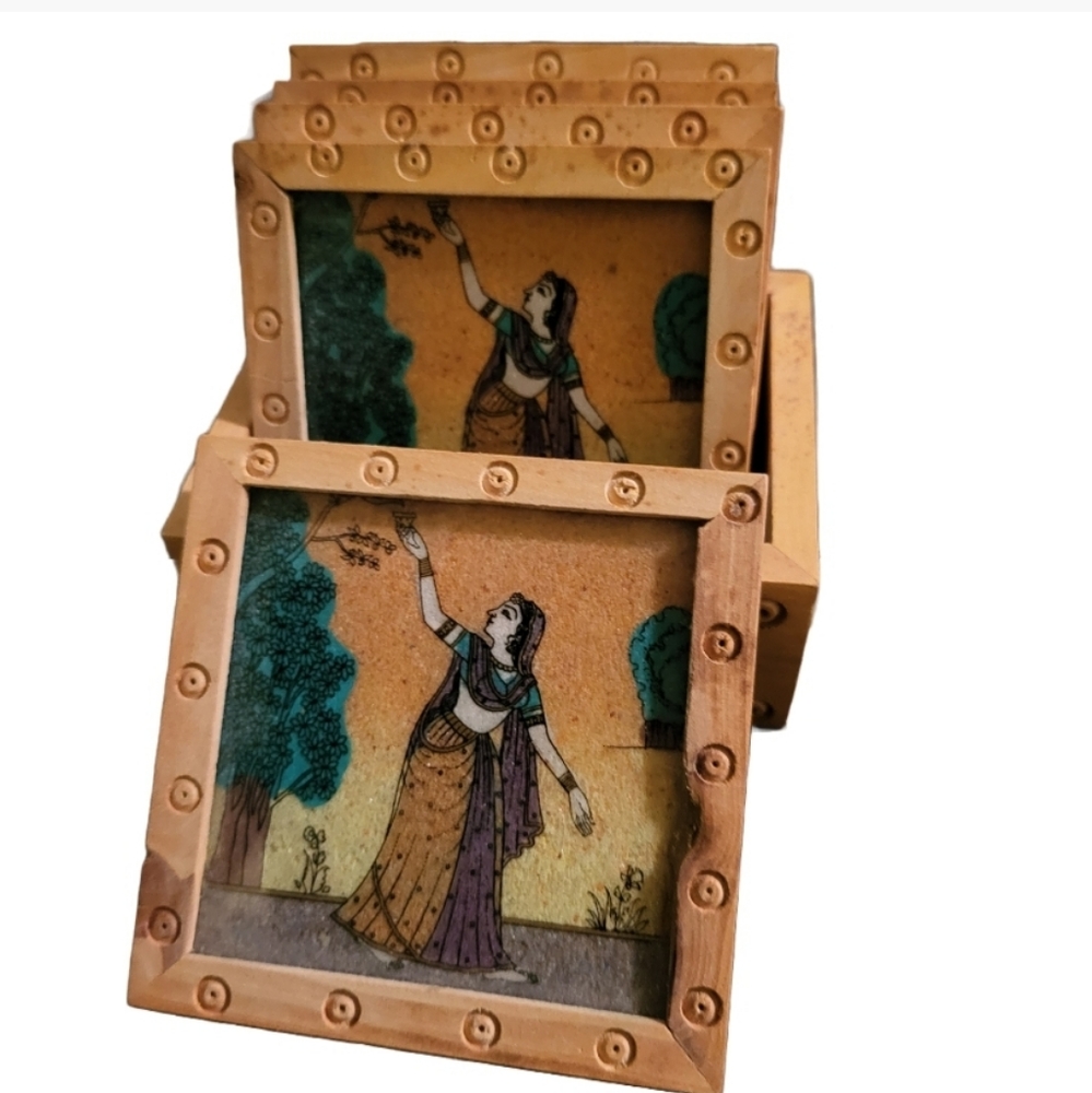 Handcrafted Indian Gemstone Painting Wood Framed Square Tea Coasters~Set of 5